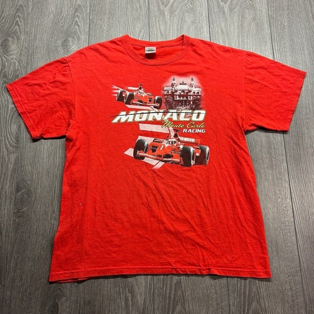 Vtg Monaco Monte Carlo Racing T-Shirt Red Graphic Tee Mens Large Y2K F1 Style